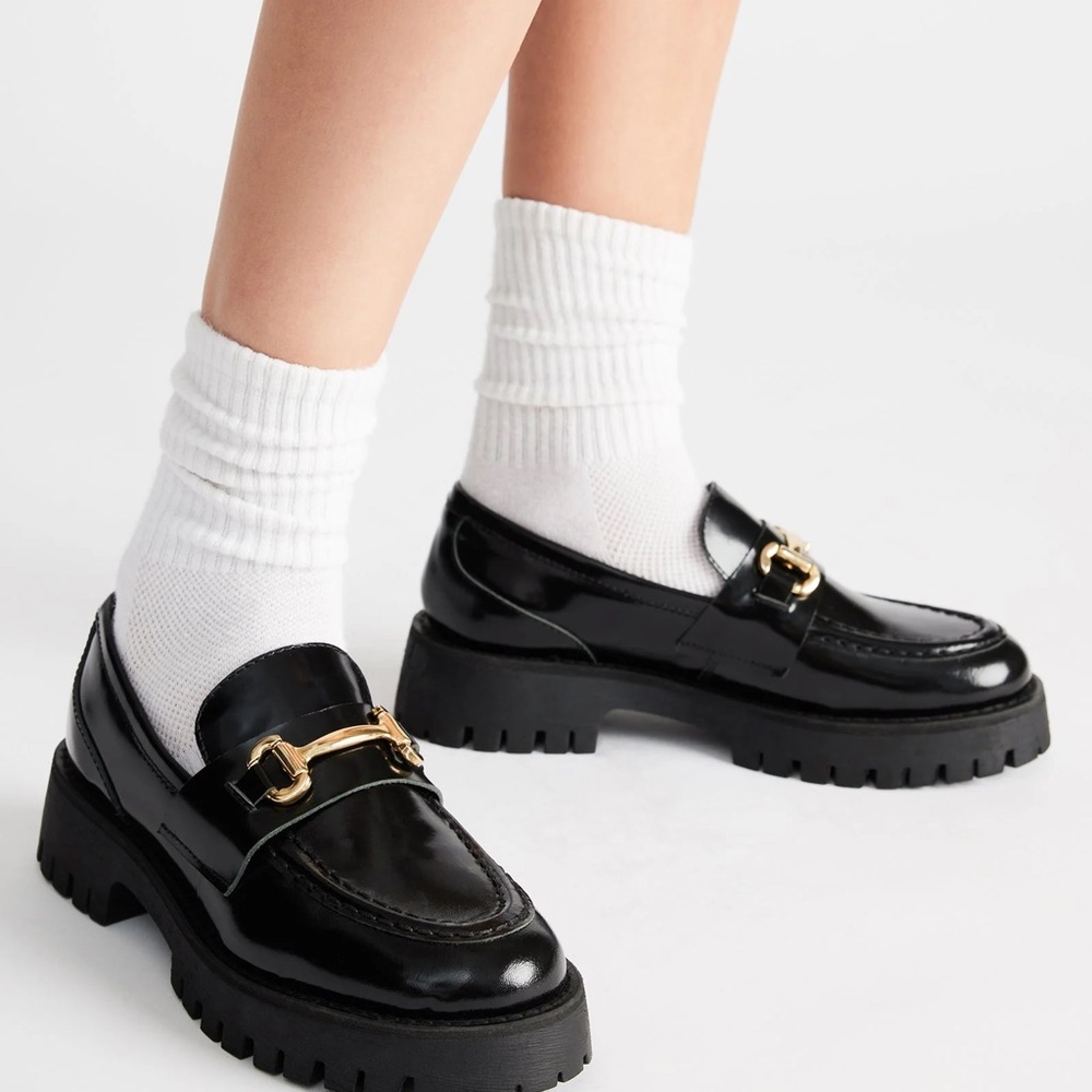 Steve Madden Lando Black Leather Loafers with Gold Detail